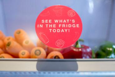A fridge with a sticker with the words 'See what's in the fridge today?' 