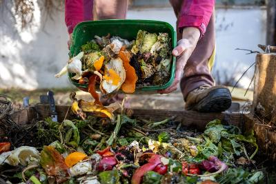 Fruit and vegetable waste and peelings being tipped into a composting bin