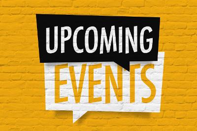 Banner that says upcoming events on a yellow background